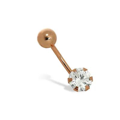 9ct Rose Gold & Round Clear CZ Crystal Belly Bar Body Jewellery • £55