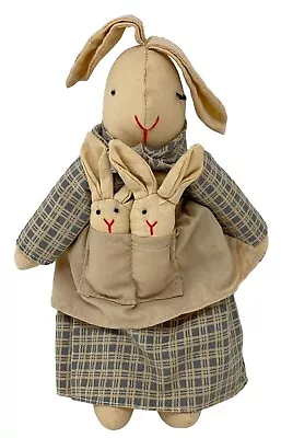 9” Muslin Mother Rabbit Doll W/two Bunnykins In Apron Pocket Handmade • $12