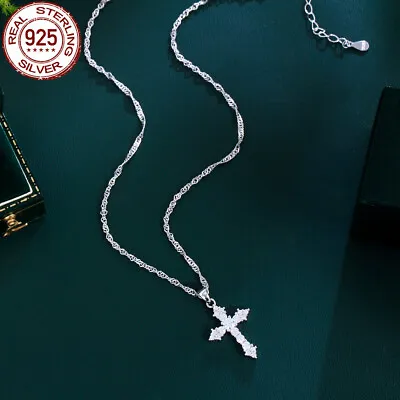 Real Solid 925 Sterling Silver CZ Micro Pave Women Men Cross Pendant Necklace • $7.99