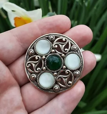 Vtg Miracle Round Celtic Brooch Pin Green Glass Silver Tone Designer Signed • $21