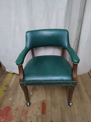 Vintage Desk Chair Office Executive Arm Barrel Chair Green  Nail Head Preowned • $59.99