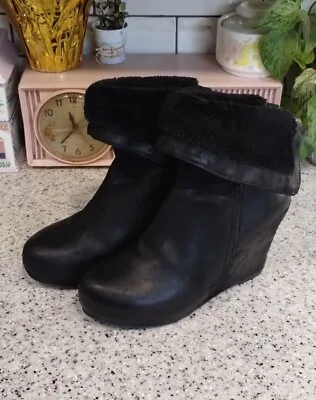 Miz Mooz Black Leather Wedge Heel Ankle Boots Size 9 • $30