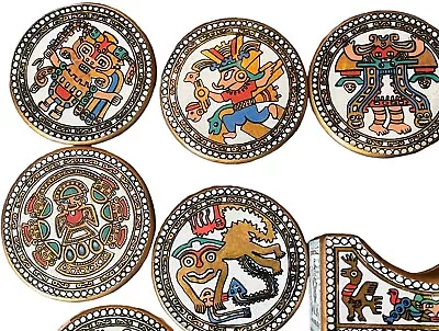 Vintage Aztec Mayan Warriors Coaster Set Of 6 Mexico Calendar Wood • $24