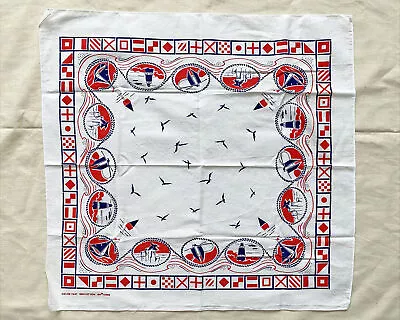 Vtg 50s Bandana Nautical Motif Lighthouse Sailboat Signal Flag Red White Blue VG • $15