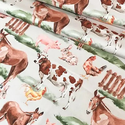 DIGITAL PRINT FARM ANIMALS ON GREY  100% COTTON FABRIC Per Half  Metre • £10.95