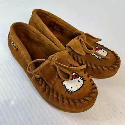 Hello Kitty Minnetonka Moccasins Size 2 Fringe Leather Upper Soft Rubber Sole • $24