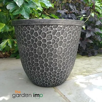 Plastic Round Garden Plant Pot Outdoor Flower Planter Silver Hammered 30cm Pots • £8.99