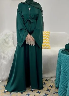 Womens Ladies Plain Satin Abaya With Pockets Belt Tie Sizes 50 52 54 56 And 58 • £19.99