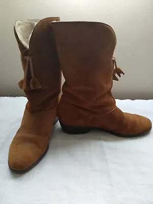 Vintage Hush Puppies Brown Suede Leather Faux Fur Lining Boots - Size 6N • $19.90