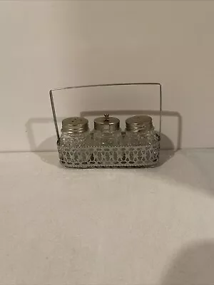 Vintage Condiment Set Creut Chrome Glass Salt & Pepper And Tooth Pick Holder • $9