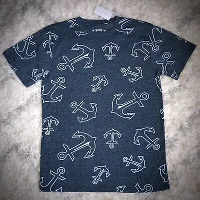 ANCHOR PATTERN T-SHIRT Dark Heather Gray-ish Navy Blue Big Logo Nautical MEN MED • $4.95