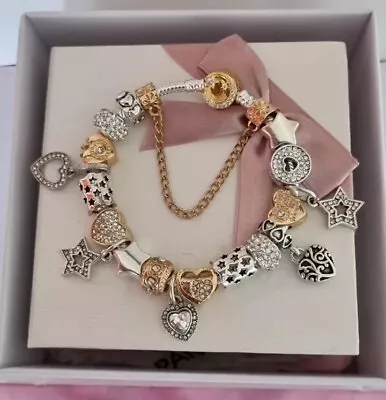 Genuine Pandora Bracelet Gold Stars Clasp ALE MET + Charms 19 Cm+Pandora Box • £84.99