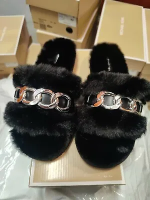  Michael Kors Women's Scarlett Slippers Sandals Black Faux Fur Chain NIB Sz 9 • $64.96