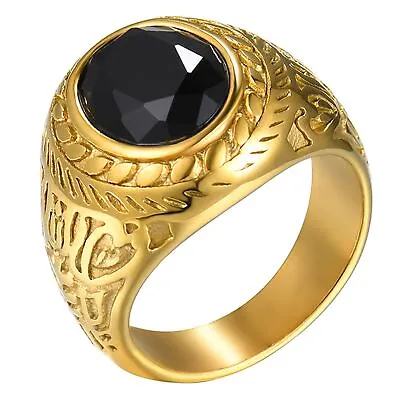 Mens Vintage Carving Black Stone Band Ring Gold Plated Stainless Steel Size 8-12 • $10.99