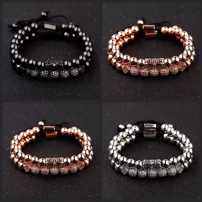 Luxury Micro Pave CZ Ball Gold Crown Braided Bracelets Mens Jewelry Copper Bead • $8.44