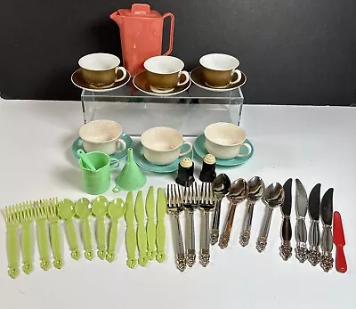 Vintage Plastic Child's Toy Kitchen Dishes Cups Saucers Utensils Mixed Lot • $19.95