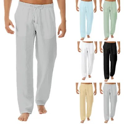 $13.69 • Buy Mens Cotton Loose Pants Beach Drawstring Yoga Elasticated Linen Style Trousers