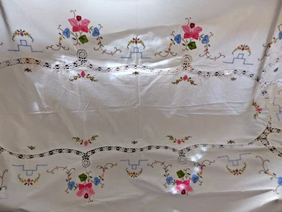 $19.56 • Buy Vintage Large Cotton Hand Embroidered Applique Fretwork Tablecloth 7'10  X 6'4 