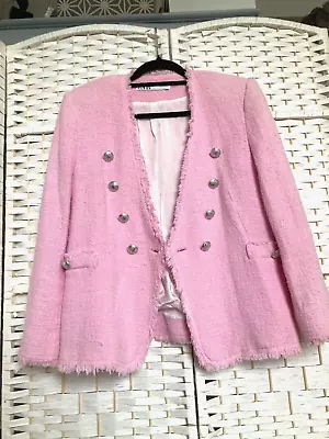 Zara Pink Blazer Jacket Textured  Boucle Tweed  Frayed Edge Size M Medium 10-12 • $37.29