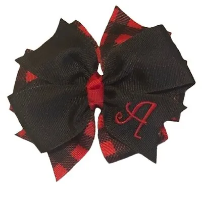 Buffalo Check Plaid Monogram Hair Bow - Black • $7