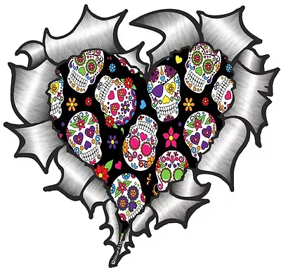 Ripped Torn Metal Look HEART With Mexican Sugar Skull Motif Car Sticker Decal • £2.49