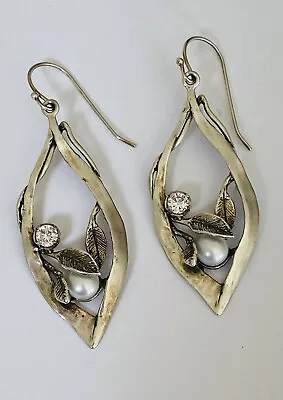 Vintage Artisan ISRAEL 925 Sterling Silver Mabe Pearl CZ Leaf Dangle Earrings • $49.90