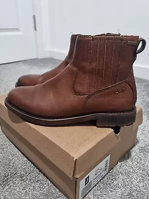 Clarks Foxwell Up Goretex Dark Tan Leather Mens Chelsea Boots UK 7 EU 41 • £34.99