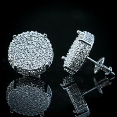 Mens Iced Large Round Micro Pave 925 Sterling Silver CZ Hip Hop Stud Earrings  • $17.99