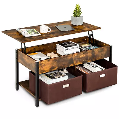 Lift Top Coffee Table Pop-up Central Table With 2 Folding Drawers Rustic Brown • $79.99