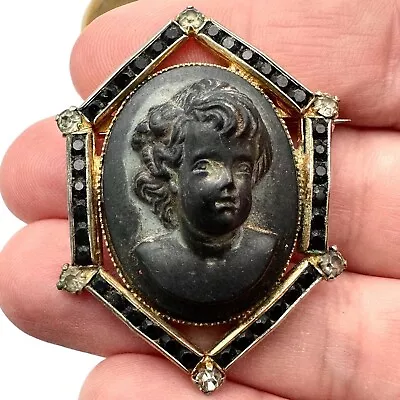 Antique Vulcanite Black Carved Mourning Cameo Womens Pin Brooch Child Portrait • $179.99