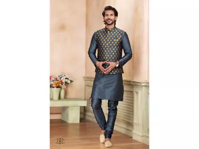 Jacket Nehru Men's Kurta Gray Ethnic Collar Shirt Pajama Clothing Traditional • £90.19