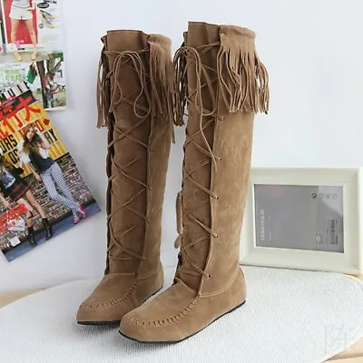 Womens Retro Round Toe Tassel Knee High Boots Casual Lace Up Moccasin Shoes Size • $45.96