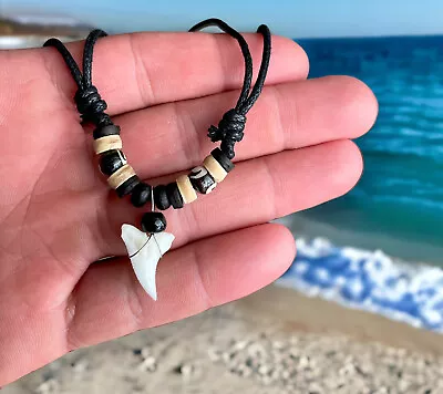 Real Tiger Fósil Shark Tooth Pendant Surfer Necklace For Men | Wood Beads • $16.90