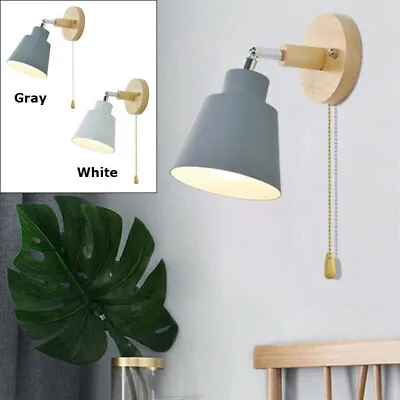 Nordic Wooden Wall Lamp Bedroom Bedside Wall Lamp Sconce Wall Light Pull Switch • £23.06