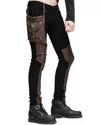 Devil Fashion Mens Steampunk Pants Jeans Black Brown Faux Leather Hip Bag Gothic • £59.99