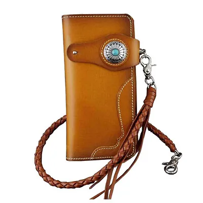 Men Turquoise Concho Leather Long Handmade Biker Wallet W/ Braid Leather Chain • $119.88