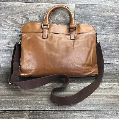 Fossil Brown Leather 2 Outer Zip Compartments Center Snap Laptop Work School Bag • $49.97