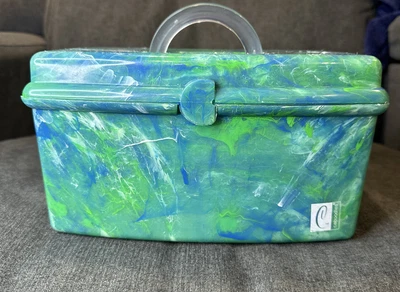 $38 • Buy Vintage Caboodles Color Collisions Green Marble Tote Organizer WITH TRAY USA