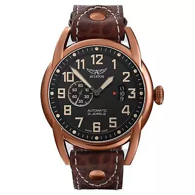 Aviator Brown Leather Black Dial Swiss Made Men's Automatic Watch - V31881624 • $2200