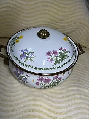 Lincoware Enamelware Brass Wildflower French Fleur Covered Buffet Dutch Oven Pot • $24.99