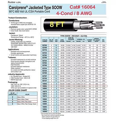Carol 16064 Carolprene 8/4C SOOW 90C/600V Portable Power Cable Cord Black 8 Ft • $35