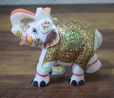 6  White Marble Elephant Figurine Floral Handmade Painting Idol Home Decor Gift • $238.95