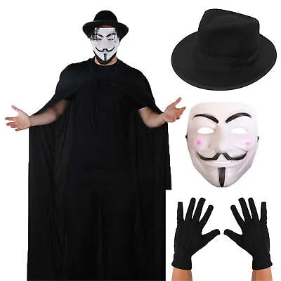 Anonymous Mens Halloween Costume Fancy Dress Mask Cape Hat Hacker Guy Fawkes • £12.99