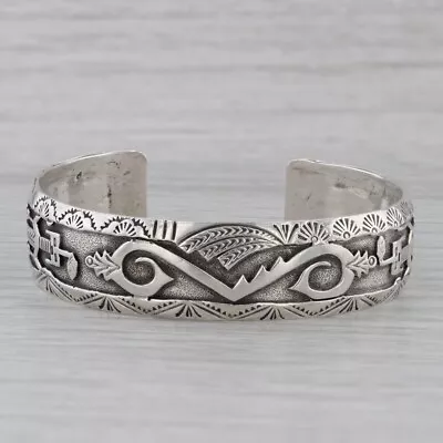 Vintage Native American Cuff Bracelet Sterling Silver Tribal Designs 7  • $79.99