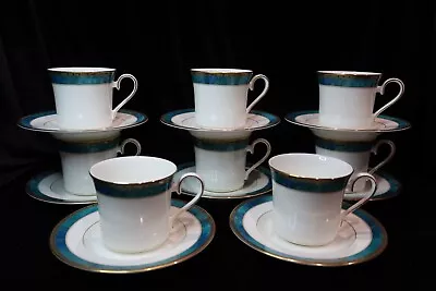 Mikasa Venetian Court Bone China Marbled Turquoise Border Ca40 8 Cups & Saucers • $80