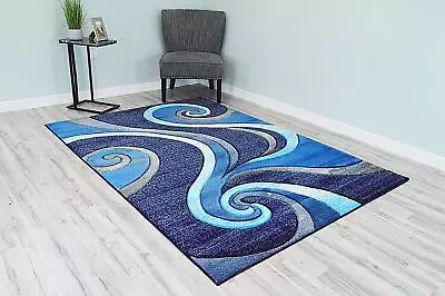 Premium Carved Modern Contemporary Abstract Rug 327 Ocean Blue 2'7''x4' • $59