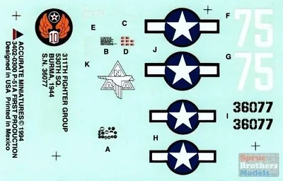 1:48 Accurate Miniatures Decals 3402 X P-51A Mustang 311FG/530SQ Burma 1944 • $4.50