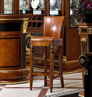 Leather Bar Stool House Bar Furniture Cabinet Baroque Rococo Style Solid Wood • £848.97
