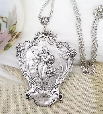 Antique Silver Plated Goddess Necklace Musical Maiden With Harp And Dragonfly • $28.99