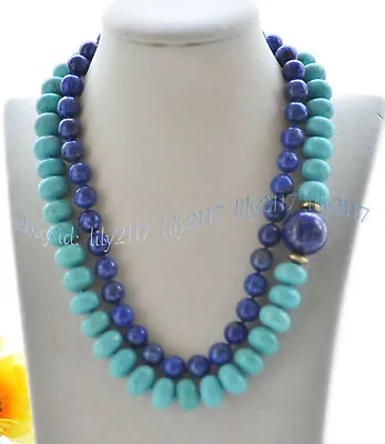 2 Rows 5x8mm Blue Turquoise Rondelle Gems & Round Lapis Lazuli Necklaces 17-18'' • $11.69